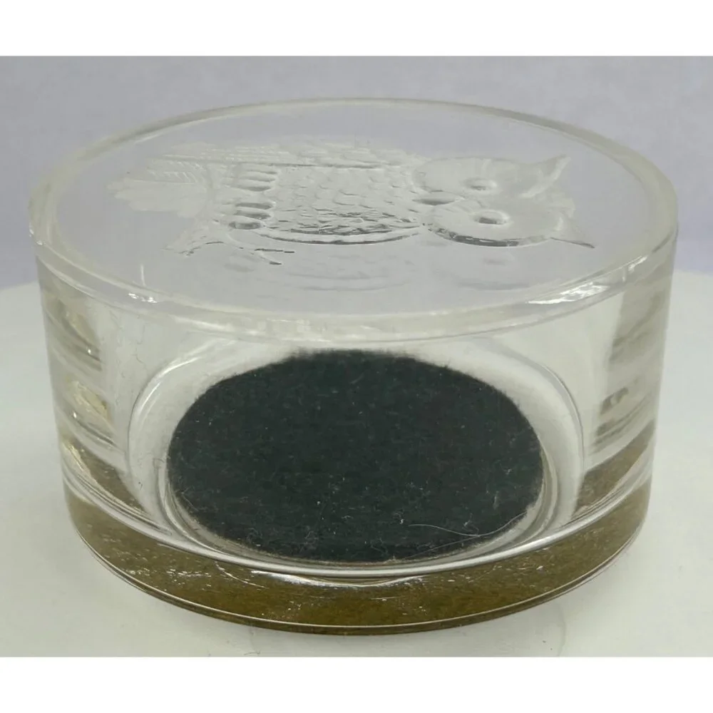 Trinket Jewelry Box Etched Owl Design Lid Round Clear & Black Vintage Look Retro